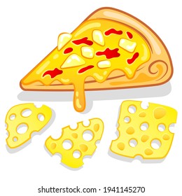 Una rebanada de pizza de queso. Comida rápida caliente con relleno de goteo. Trozos de queso rebanados con agujeros. Aperitivos vegetarianos. Logo de Pizzeria. Ilustración vectorial aislada en fondo blanco.