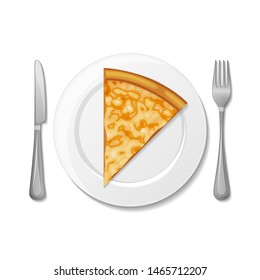 Slice of cheese pizza on the plate, fork, knife on white background. Object for packaging, advertisements, menu. Isolated on white. Vector illustration. Cartoon.