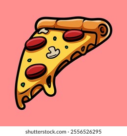 slice of cheese pizza with pepperoni isolated colored drawing line art style design illustration