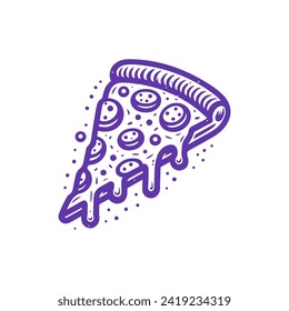 Slice of Cheese Pizza. Vector Monochrome Illustration on White Background.