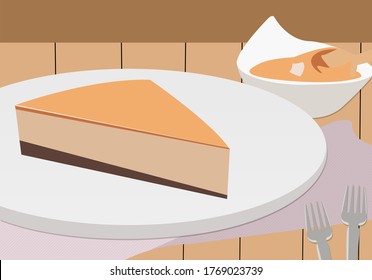 a slice of cheesecake on a white platter with syrup in the background and forks laid out on a wooden table with a pink napkin underneath  