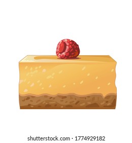 Slice of cheesecake with one raspberry . Cartoon jelly orange isolated on white