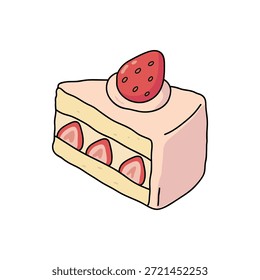 Rebanada de tarta de queso con fresa en la parte superior de la Ilustración vectorial de estilo plano. Tarta de queso de fresa deleita el Vector. Clipart de postre de pastel de fresa. Pastel de fresa rebanada de postre aislado ilustración sobre fondo blanco 