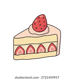 Rebanada de tarta de queso con fresa en la parte superior de la Ilustración vectorial de estilo plano. Tarta de queso de fresa deleita el Vector. Postre de rebanada de pastel de fresa ilustración aislada sobre fondo blanco. Clipart de postre de pastel de fresa. 