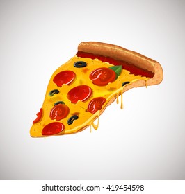 Slice of cheesy pepperoni pizza . For advertising design or restaurant business. Icon Italian pizza. 