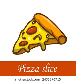 Slice of cheesy pepperoni pizza. Vector cartoon illustration 