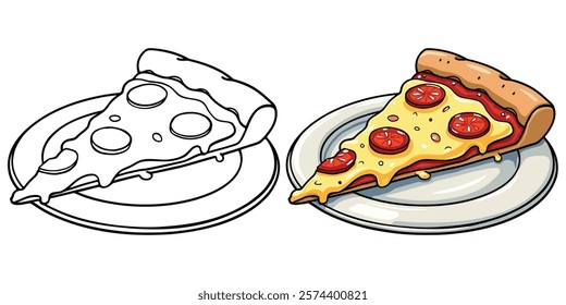 A Slice of Cheesy Pizza on A Plate Line Art Vector Illustration Black and White with Coloring Sample. Bold and Easy Food, Fruits, Sweets, Drinks, Dessert, and Snacks Coloring Pages for Adults and Kids