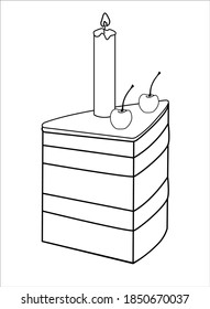 Slice of cherry cake with cherries, icing and a candle - holiday sweets - vector linear illustration for coloring. Traditional pastry is a piece of cake.