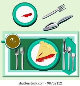 A slice of cherry pie. Illustration of a place setting with a slice of cherry pie.