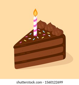 Slice of chocolate birthday cake with candle. Happy Birthday greeting card design element. Cartoon style vector clip art illustration.