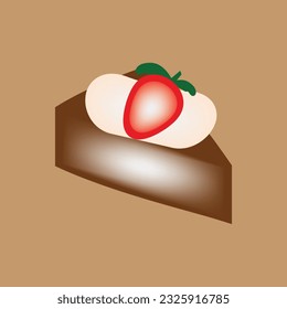 Slice of Chocolate Birthday Cake with Cream and Strawberries. Isolated vector illustration clip art.