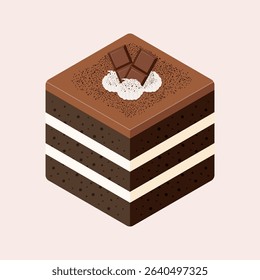 Slice of chocolate cake with chocolate bar topping. Vector illustration delicious sweet dessert. Isometric food of cake for dessert menu.