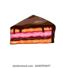Slice of chocolate cake with bright pink berry filling, chocolate topping. Vector illustration of holiday food.