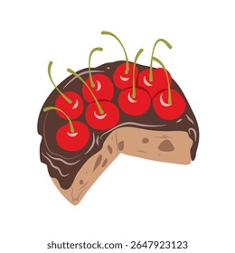 Slice of chocolate cake with creamy layers and cherry garnish is pictured against a dark backdrop Use this image for food-themed designs.