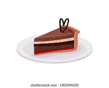 Slice of chocolate cake with jam on white plate. Holiday food. Dessert for Valentine s day. Flat vector design