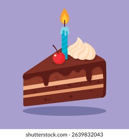 A slice of chocolate cake with a lit birthday candle, perfect for celebrations and sweet treats.