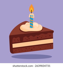 A slice of chocolate cake with a lit birthday candle, perfect for celebrations and sweet treats.