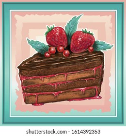 Slice of chocolate cake with strawberries and mint leaves. Vector graphics