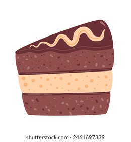 Rebanada de pastel de chocolate. Dulce pieza de panadería. Postre pastelero con crema. Ilustración plana de pastel de Vector aislado sobre fondo blanco.