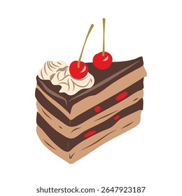 A slice of chocolate cake is topped with cream and several cherries, shown against a transparent background Perfect for dessert and food-related projects.