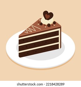 Trozo de tarta de chocolate con bola de chocolate en plato o plato. Delicioso postre dulce. Icono de comida isométrica. Elemento de ilustración vectorial de dibujos animados. Símbolo de dulces. Menú de café.
