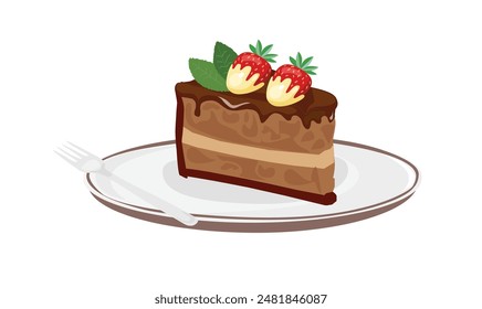 Rebanada de Vector de pastel de chocolate. Comida dulce y postre. Elemento de cumpleaños. Vector plano en estilo de dibujos animados aislado sobre fondo blanco.