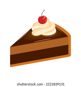 Trozo de tarta de chocolate con crema batida y cereza en el vector de icono superior. Pieza de icono de pastel de chocolate aislado en un fondo blanco