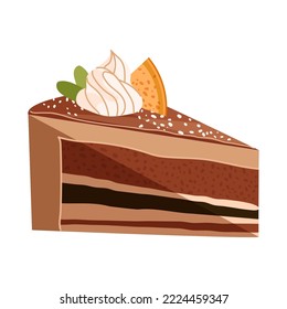 Slice of chocolate cake whipped cream on the top isolatedon white background. Tasty mousse dessert vector flat illustrator for menu restaurant, birthday, cake icon. party