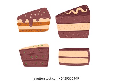 Slice of chocolate cakes set. Sweet bakery piece. Pastry dessert with cream. Vector pie flat illustration isolated on white background.