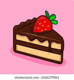 Slice Chocolate Melting Cake with Strawberry Topping Vector Illustration Cartoon Design