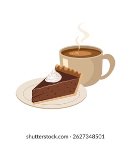 Fatia de torta de chocolate ou cheesecake com dollop de chantilly com uma xícara de café.Bolo de café delicioso favorito. Xícara de café espresso.Ilustração vetorial