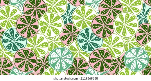 Slice citrus fruits seamless pattern. Tropical summer texture lemons, limes, and oranges. Sunny background. Repeated ornament for fabric, wrapping paper, wallpaper, tissue. Vector illustration.