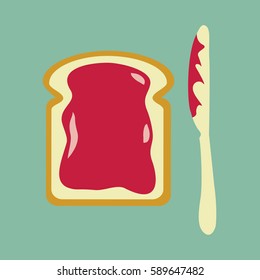 Slice of clean flat design bread or toast with a red modern sweet strawberry or raspberry red Jam isolated. Knife & spreading a slice of bread vector illustration 