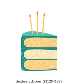 Slice of cocoa cake, burning candles on it. Design for postcard sticker. birthday idea concept. Candle blowing idea.