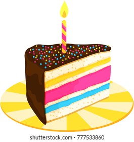Slice of Colorful Layered Cake with Chocolate Icing, Sprinkles, and Candle on a Striped Plate