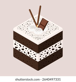 Slice of cookies cream cake with chocolate and biscuit topping. Vector illustration delicious sweet dessert. Isometric food of cake for dessert menu.