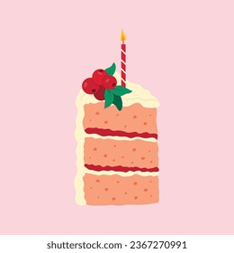 Slice of cranberry cake with candle on top of it. Birthday cake.Happy birthday. Vector cartoon illustration

