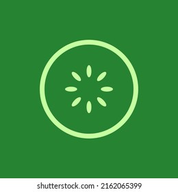 Slice cucumber icon. Slice of fresh cucumber with seeds in flat style. Vector illustration isolated on green background.