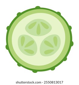 slice of cucumber with seeds isolated on white background, flat vector illustration of ripe green vegetable, healthy eating, organic gardening concepts