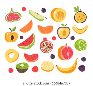 Colección aislada de frutas cortadas en trozos. Dibujo gráfico plano vectorial