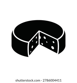 A slice cut from a round wheel of cheese, revealing a creamy interior with small holes, set against a stark white background for contrast.