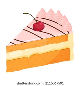 A slice of delicious cake with a cherry on top and pink cream. Vector isolated on a white background