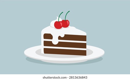 Slice of delicious chocolate layer cake topped with sweet whipped cream and two red cherries on a white plate.