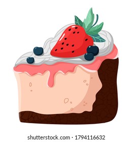 
A slice of delicious chocolate pie with strawberries, blueberries and cream. Vector illustration of sweet dessert isolated on white background. For menus, postcards, restaurants, etc.