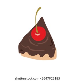 Fatia de delicioso bolo de camada coberto com creme e cerejas em uma ilustração de fundo transparente; ótimo para receitas ou temas de sobremesa.