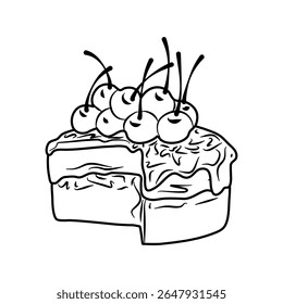 Slice of delicious layer cake topped with cream and cherries on a transparent background illustration; great for recipes or dessert themes.
