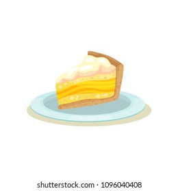 Slice of delicious lemon cake with cream. Homemade pie on plate. Tasty dessert.Flat vector design for cafe menu