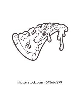 Slice Of Delicious Pizza With Flowing Cheese . Hand Drawn Cartoon Illustration In Comics Style Isolated On White Background. Fact Food