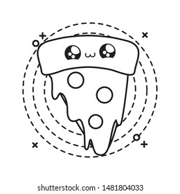 slice of delicious pizza in frame circular kawaii style