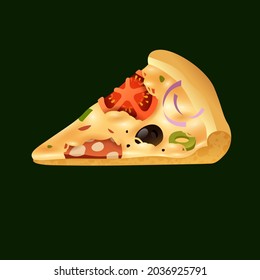 Slice of delicious pizza isolated on green background. Vector illustration 